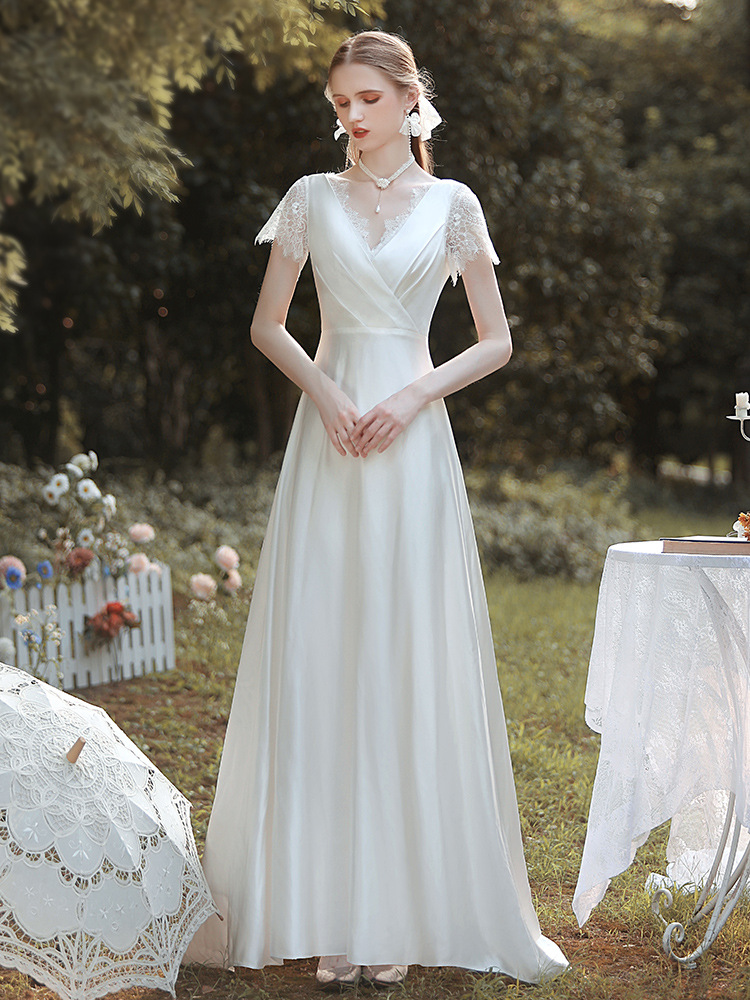 White V-Neck Short Sleeves Wedding Dress