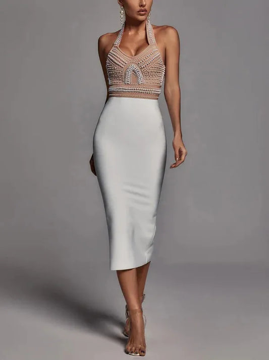 Pearl Beading Halter Neck Bandage Skirt Evening Dress