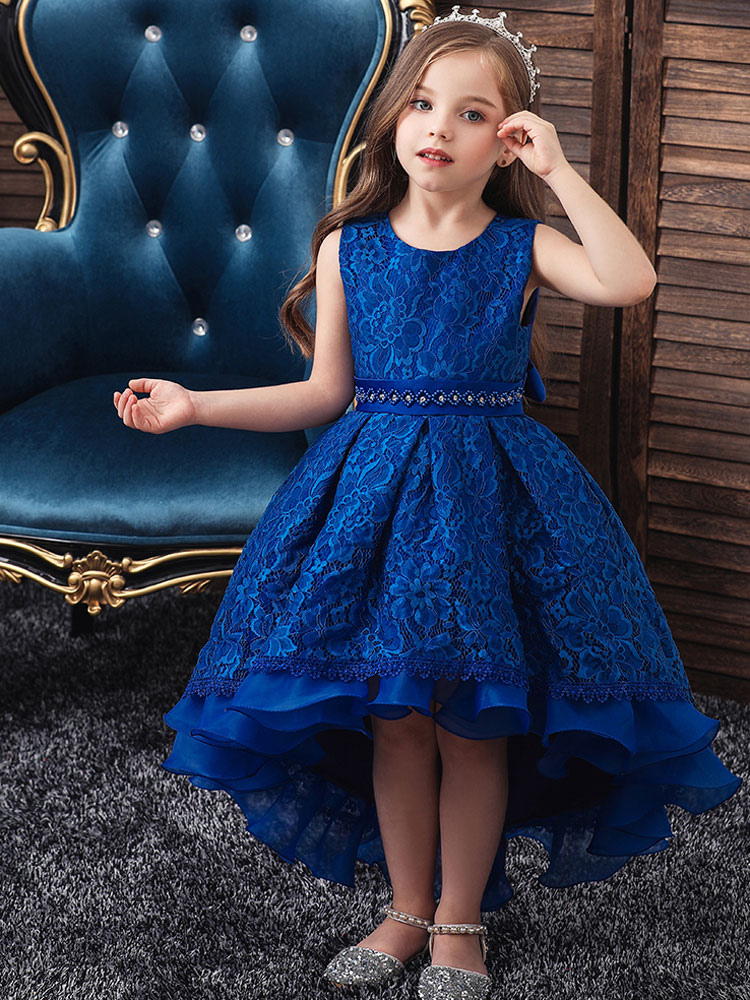 Blue Lace Jewel Neck Sleeveless Tail Kids Party Dress