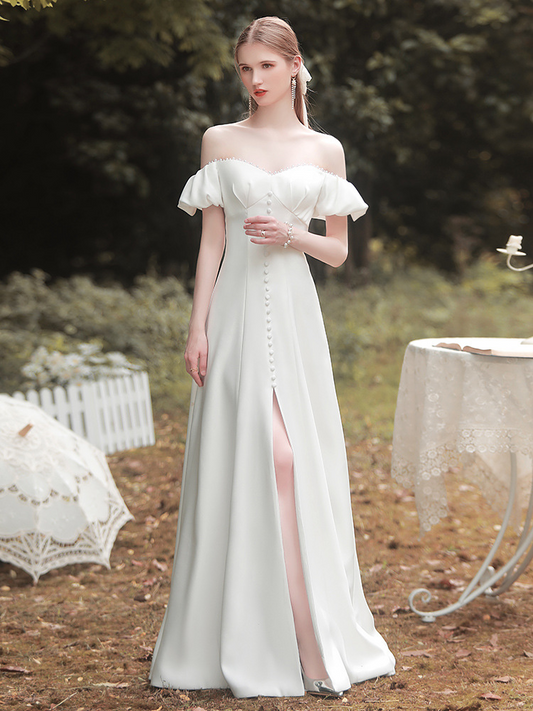 White Satin Off-Shoulder Long Slit Wedding Dress