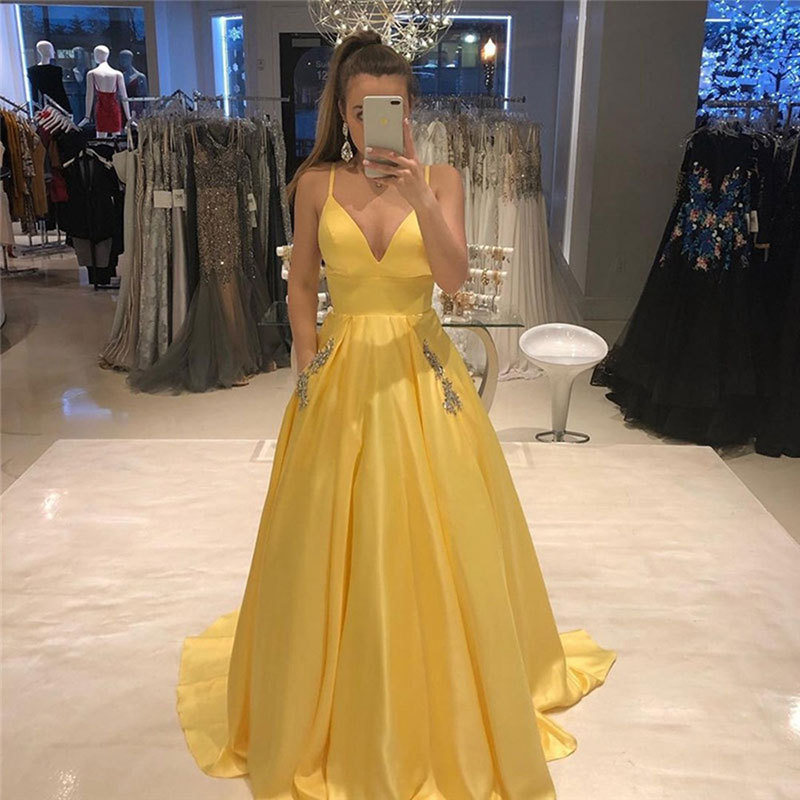 Yellow Spaghetti Strap Sleeveless Evening Dress