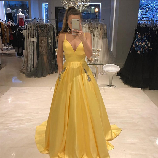 Yellow Spaghetti Strap Sleeveless Evening Dress