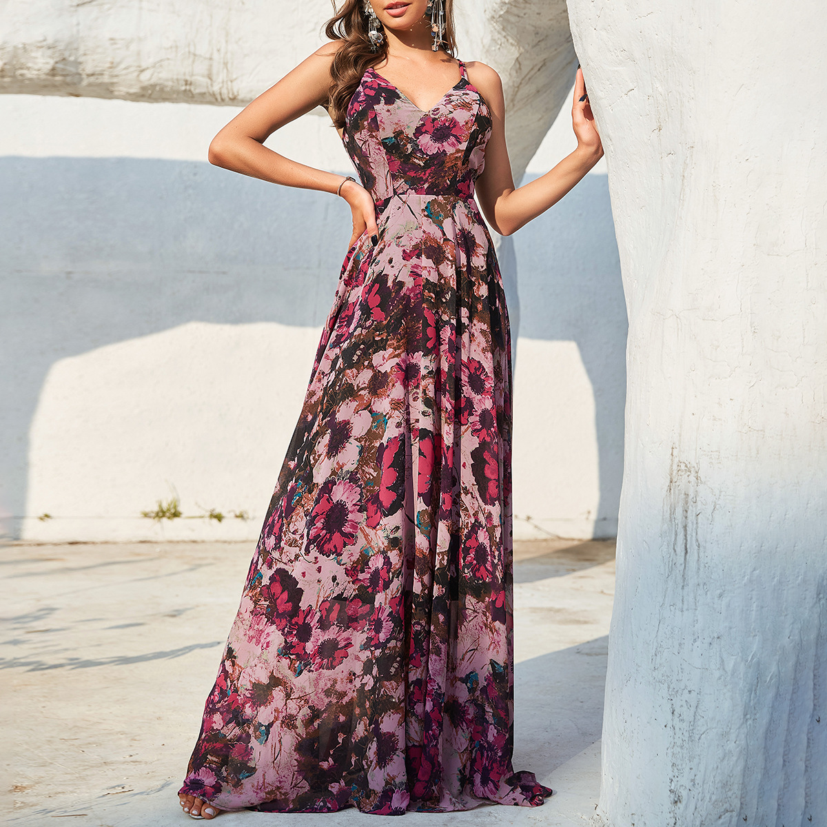 Floral Printed V Neck Long Evening Dress