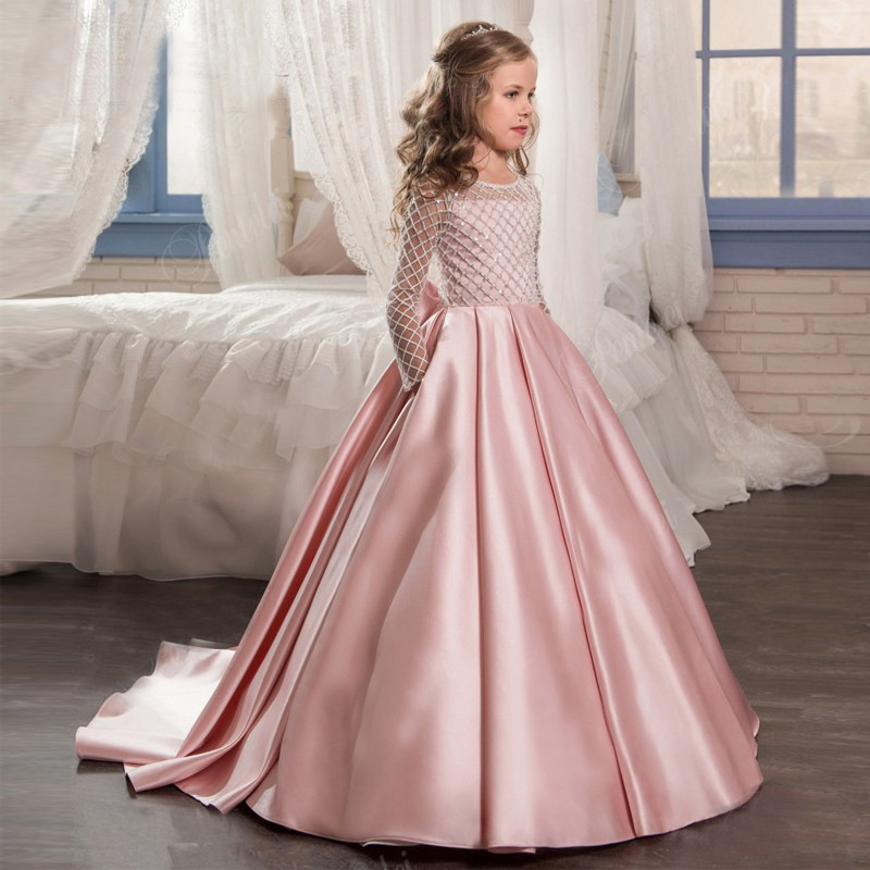 Satin Beaded Long Sleeves Kids Wedding Dress