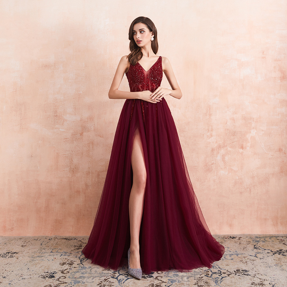 Deep V Neck Embroidered Evening Slit Dress