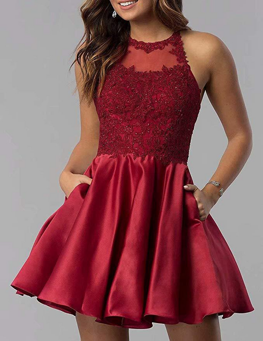 Appliqued Satin Sleeveless Short Evening Dress