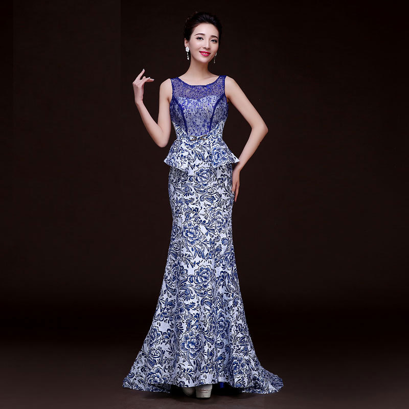 Blue Printed Backless Fishtail Long Evening Dress