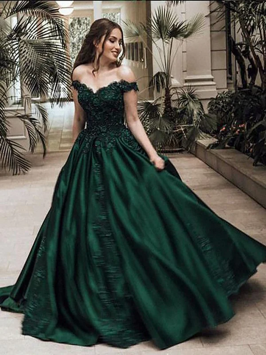 Green Off-Shoulder Embroidered Evening Dress