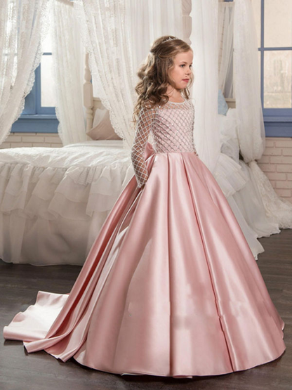 Jewel Neck Long Sleeves Brush Train Kids Wedding Dress