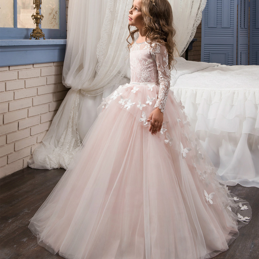 Lace Butterfly Applique Full Sleeves Kids Wedding Dress