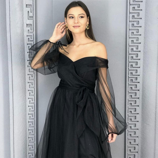 Black Mesh Long Puff Sleeves Long Evening Slit Dress