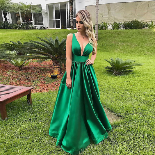 Green Satin V Neck Long Pleated Evening Dress