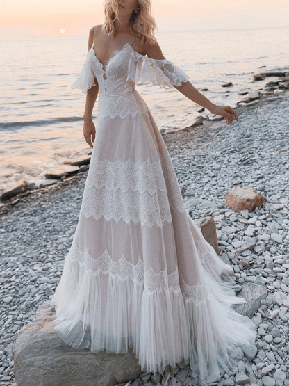 A-Line Lace Deep V Neck Off-Shoulder Sweep Train Wedding Dress