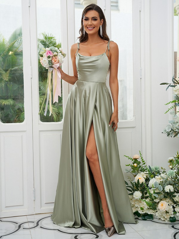 Satin Simple Spaghetti Strap Sleeveless Maxi Bridesmaid Slit Dress