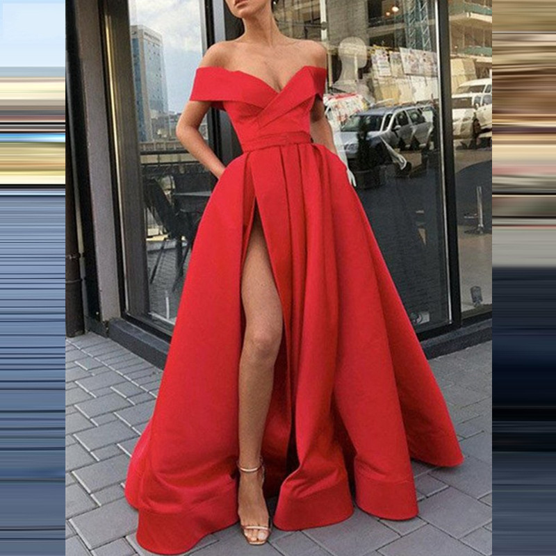 Satin Off-Shoulder Sleeveless Long Evening Slit Dress