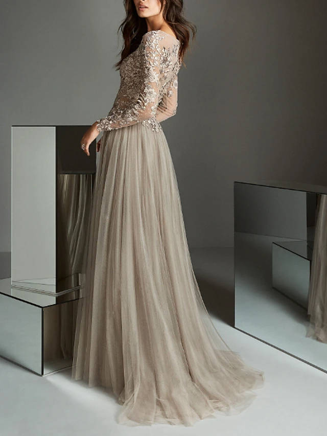 Champagne Long Sleeves Lace Detailing Applique Evening Dress