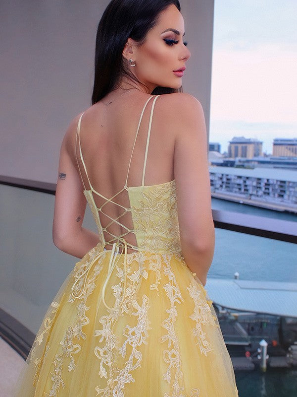 Yellow Embroidered Sleeveless Long Evening Dress