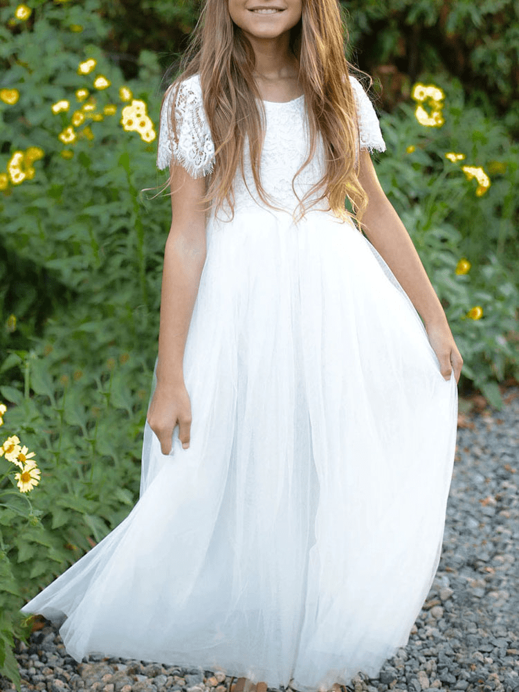 A-Line White Lace Short Sleeves Kids Wedding Dress