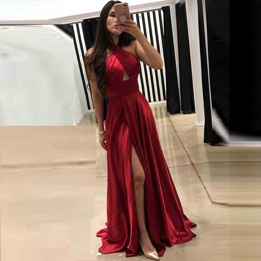 Satin Red Sleeveless Bridesmaid Slit Dress