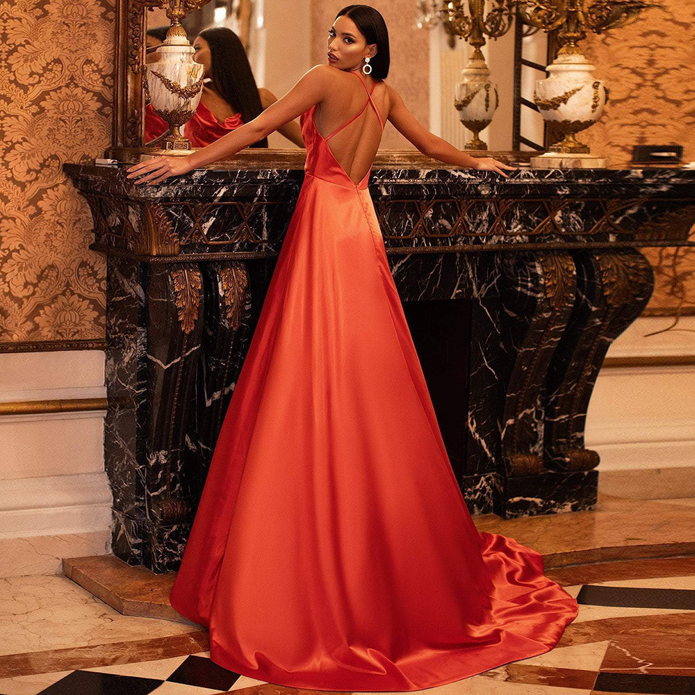 Orange Cowl Neck Sleeveless Long Evening Dress