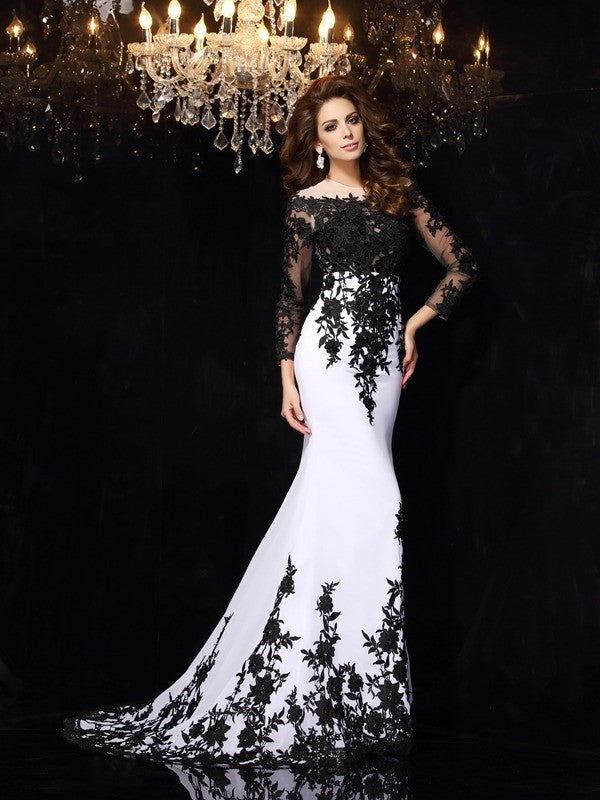 Lace Off-Shoulder Full Sleeves Mermaid Long Evening Dress