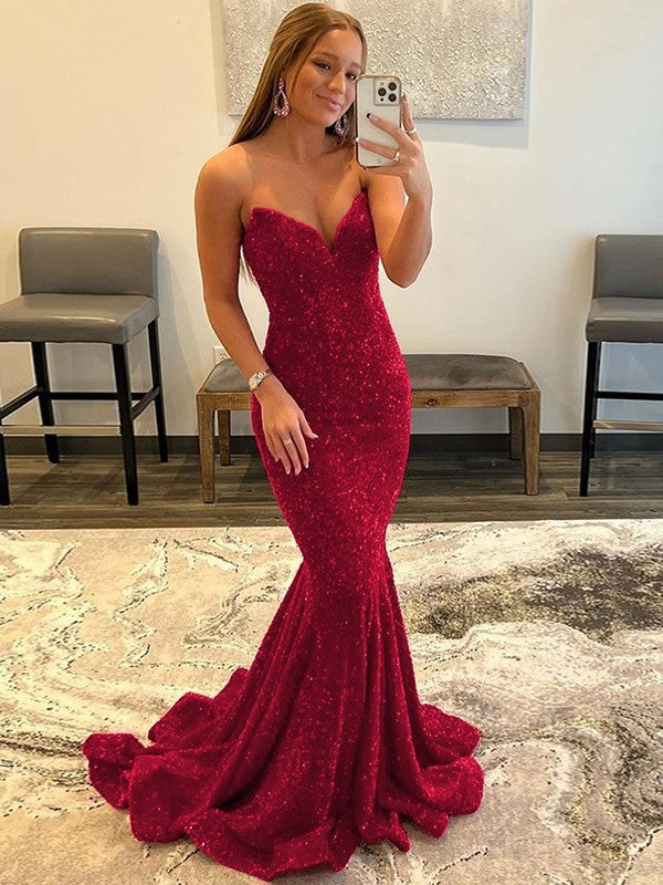 Crimson V Neck Strapless Mermaid Long Evening Dress