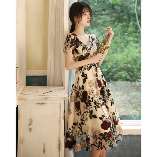 Floral Embroidered V Neck Short Evening Dress