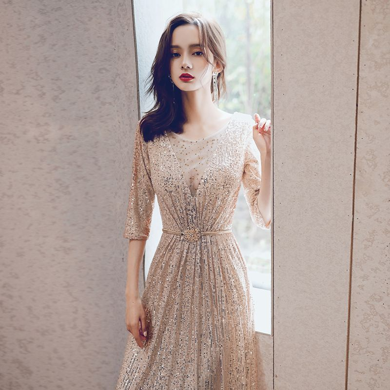 Round Neck Sequin Long Evening Dress