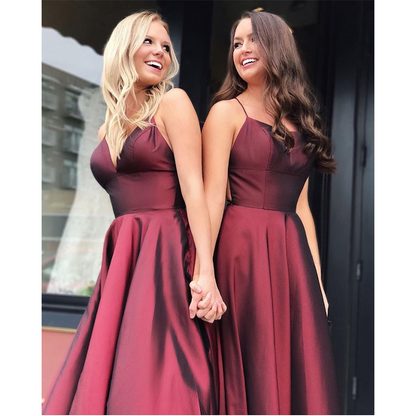 Burgundy Satin Spaghetti Strap Bridesmaid Dress