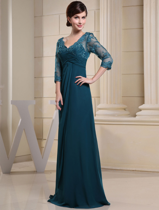 Teal Applique Beaded Long Sleeves Bridesmaid Dress