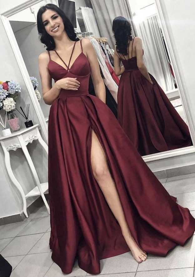 Dark Red Satin Spaghetti Strap Sleeveless Long Slit Prom Dress