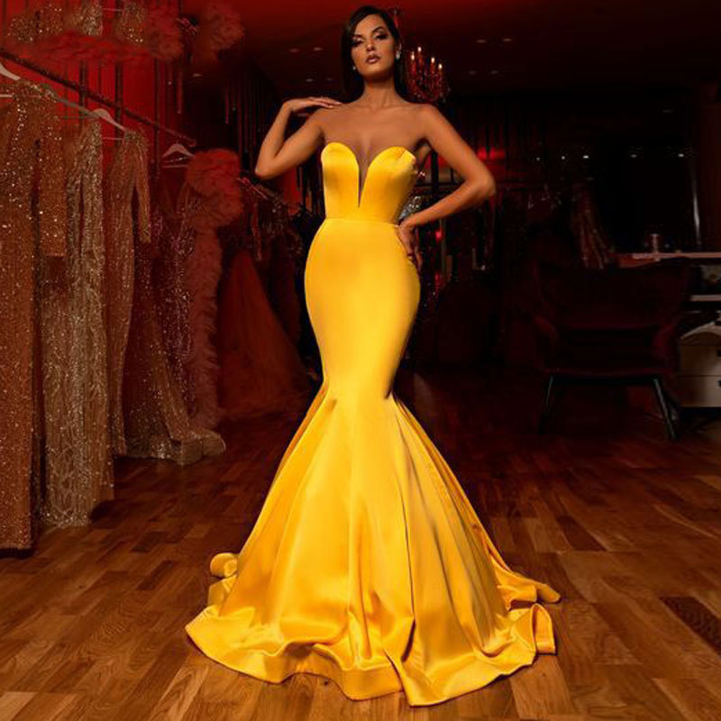 Satin Yellow Strapless Sleeveless Evening Dress