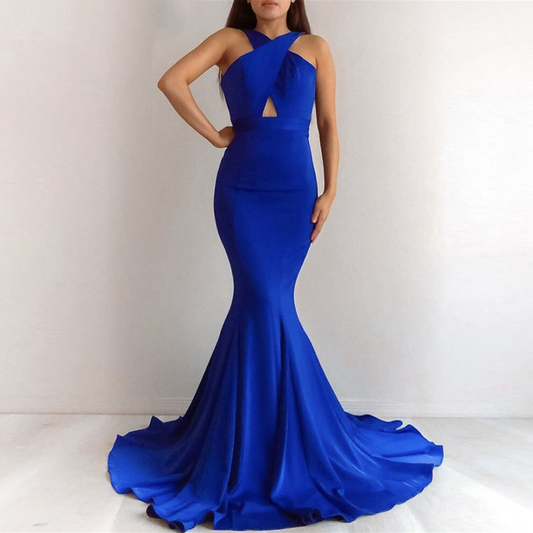 Blue Halter Neck Brush Train Bridesmaid Dress