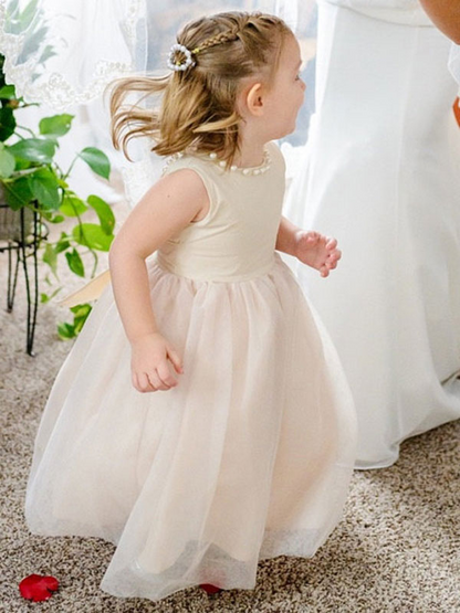 Cornsilk Jewel Neck Sleeveless Backless Kids Party Dress