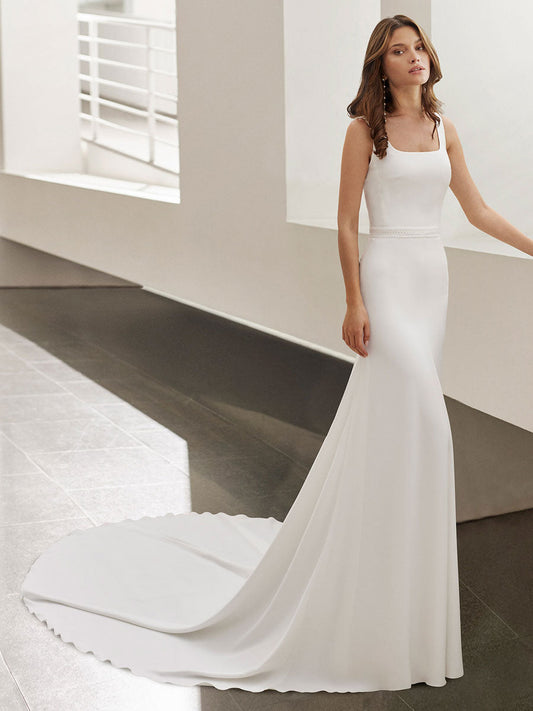 White Square Neckline Sleeveless Backless Simple Mermaid Wedding Dress