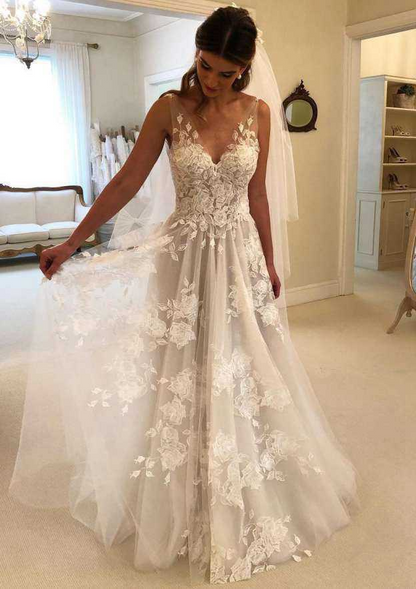 Ivory Appliqued Deep V Neck Sleeveless Wedding Dress