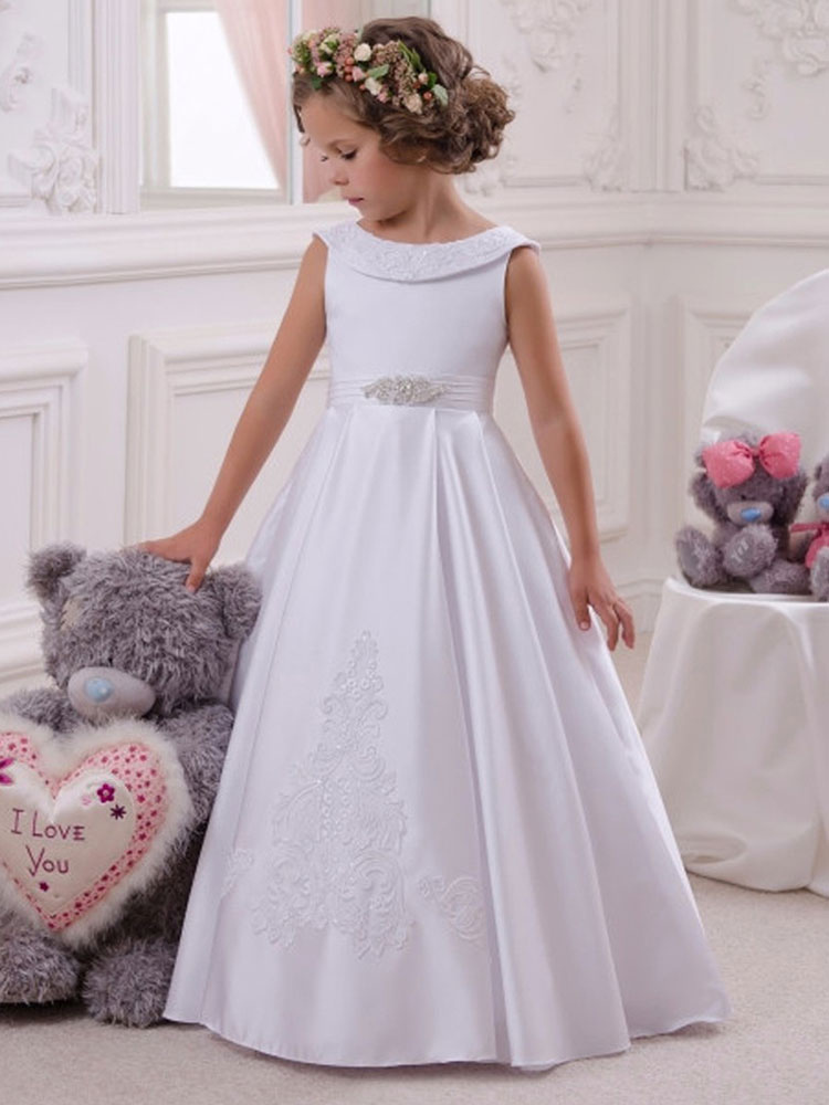 White Satin A-Line Bateau Neck Sleeveless Kids Party Dress