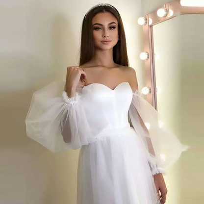 White Strapless Long Puff Sleeves Short Evening Dress