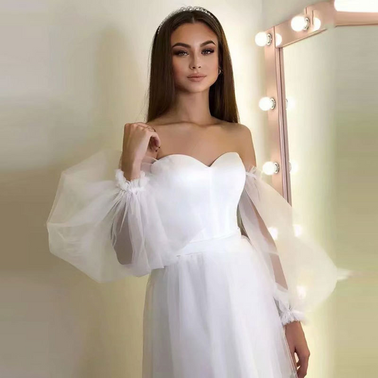 White Strapless Long Puff Sleeves Short Evening Dress