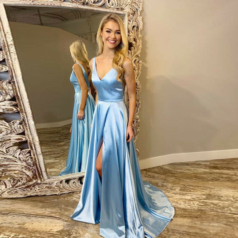 Satin Blue Sleeveless Bridesmaid Slit Dress