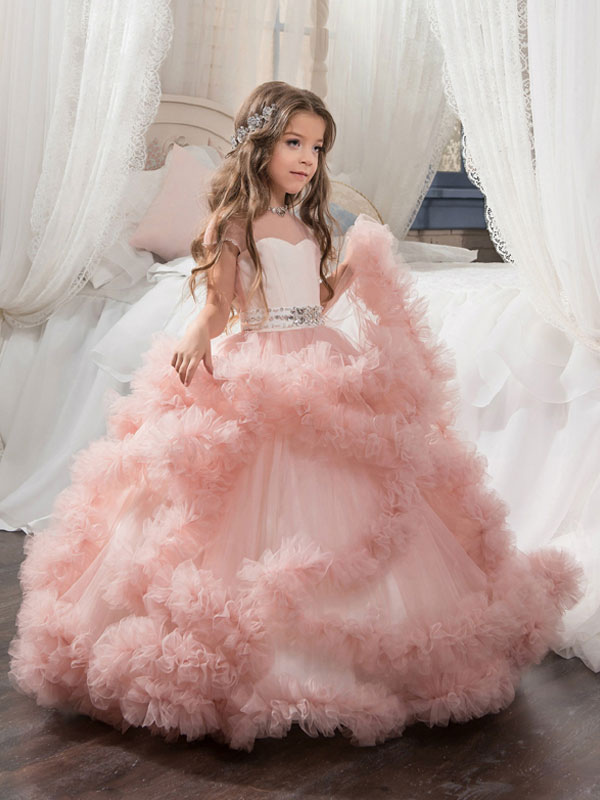 Jewel Neck Short Sleeves Long Kids Wedding Dress