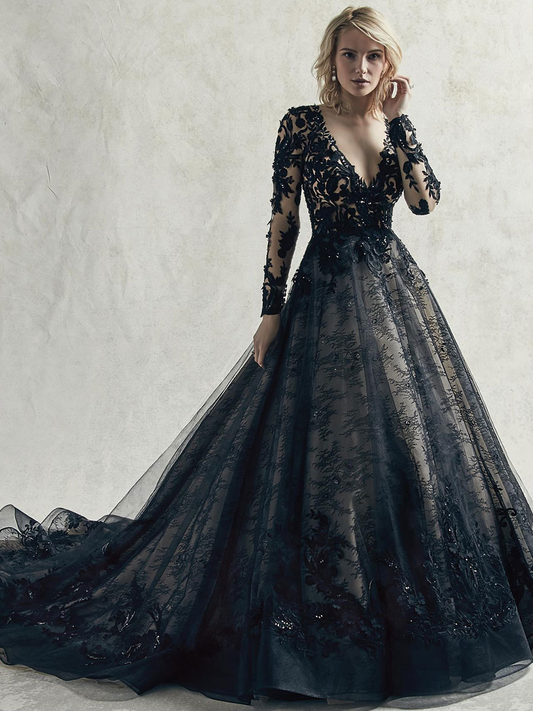 Black Lace Applique Deep V Neck Long Sleeves Wedding Dress