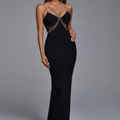 Black Crystal Diamond Chain Mesh Backless Evening Dress