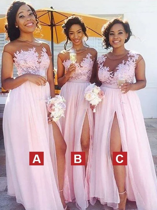 Pink Embroidered Sleeveless Maxi Bridesmaid Slit Dress