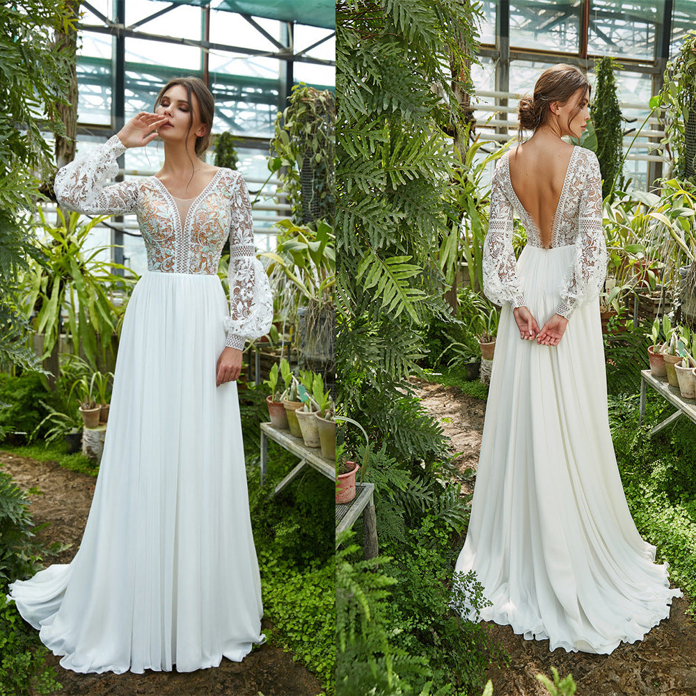 White Floral Embroidered Backless Wedding Dress