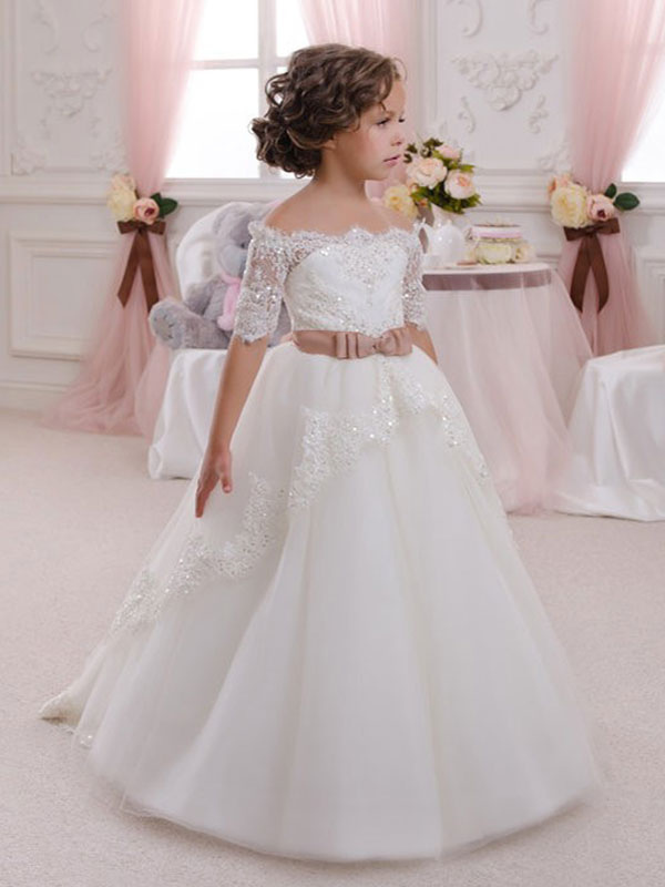 White Lace Off-Shoulder Short Sleeves Kids Wedding Dress