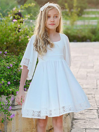 White A-Line Square Neck Half Sleeves Kids Party Dress