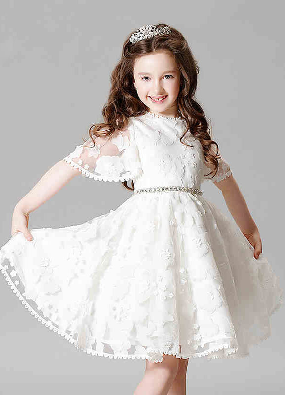 White Lace Bell Short Sleeves Short Kids Party Dress