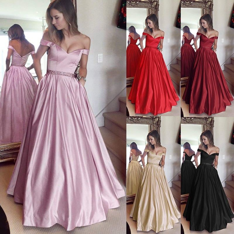 Satin A-Line Off-Shoulder Sleeveless Evening Dress