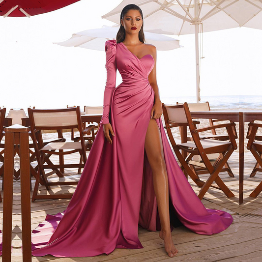 Hot Pink Oblique Shoulder Mermaid Long Slit Evening Dress